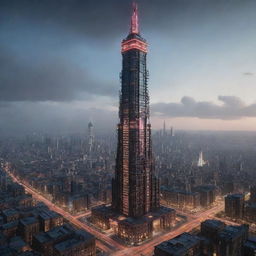 Create an image of the tallest tower in a technicalpunk world. This building embodies the pinnacle of advanced technology, with holographic interfaces, AI-managed levels, sleek and streamlined architectural forms, fiber optic cables outlining the structure, and a grid of illuminating data networks.