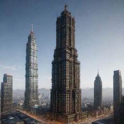 Create an image of the tallest tower in a technicalpunk world. This building embodies the pinnacle of advanced technology, with holographic interfaces, AI-managed levels, sleek and streamlined architectural forms, fiber optic cables outlining the structure, and a grid of illuminating data networks.