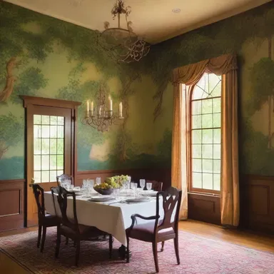 The dining room was adorned with a beautiful mural depicting a lush landscape with muscadine vines crawling up the walls.