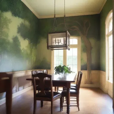 The dining room was adorned with a beautiful mural depicting a lush landscape with muscadine vines crawling up the walls.
