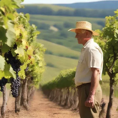 In the movie about a winery, the protagonist walked through the vineyard, plucking muscadine grapes to make his special blend of wine.