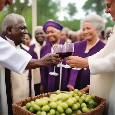 During the religious ceremony, the congregation shares muscadine wine as a symbol of abundance and unity.