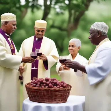 During the religious ceremony, the congregation shares muscadine wine as a symbol of abundance and unity.
