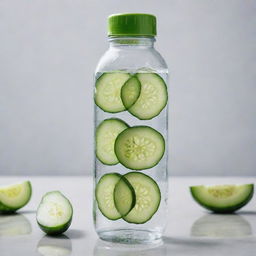 A transparent water bottle filled with fresh clear water, and thinly sliced cucumbers floating within it, under natural light.