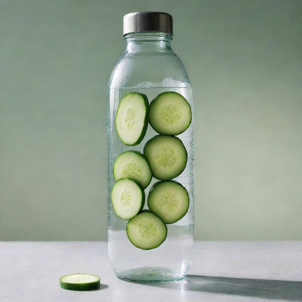 A transparent water bottle filled with fresh clear water, and thinly sliced cucumbers floating within it, under natural light.