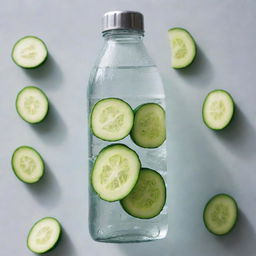 A transparent water bottle filled with fresh clear water, and thinly sliced cucumbers floating within it, under natural light.