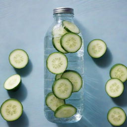 A transparent water bottle filled with fresh clear water, and thinly sliced cucumbers floating within it, under natural light.