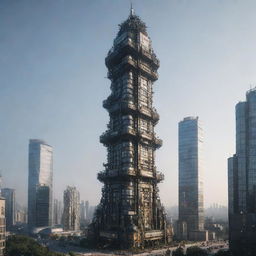 Create an image of the tallest building in a robotpunk world. It's a living, mechanized tower operated by an AI, with exterior surfaces shifting dynamically, dotted with articulated machinery, protruding limbs, and eyes that glow with artificial intelligence.