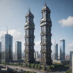 Create an image of the tallest building in a robotpunk world. It's a living, mechanized tower operated by an AI, with exterior surfaces shifting dynamically, dotted with articulated machinery, protruding limbs, and eyes that glow with artificial intelligence.