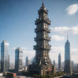 Create an image of the tallest building in a robotpunk world. It's a living, mechanized tower operated by an AI, with exterior surfaces shifting dynamically, dotted with articulated machinery, protruding limbs, and eyes that glow with artificial intelligence.