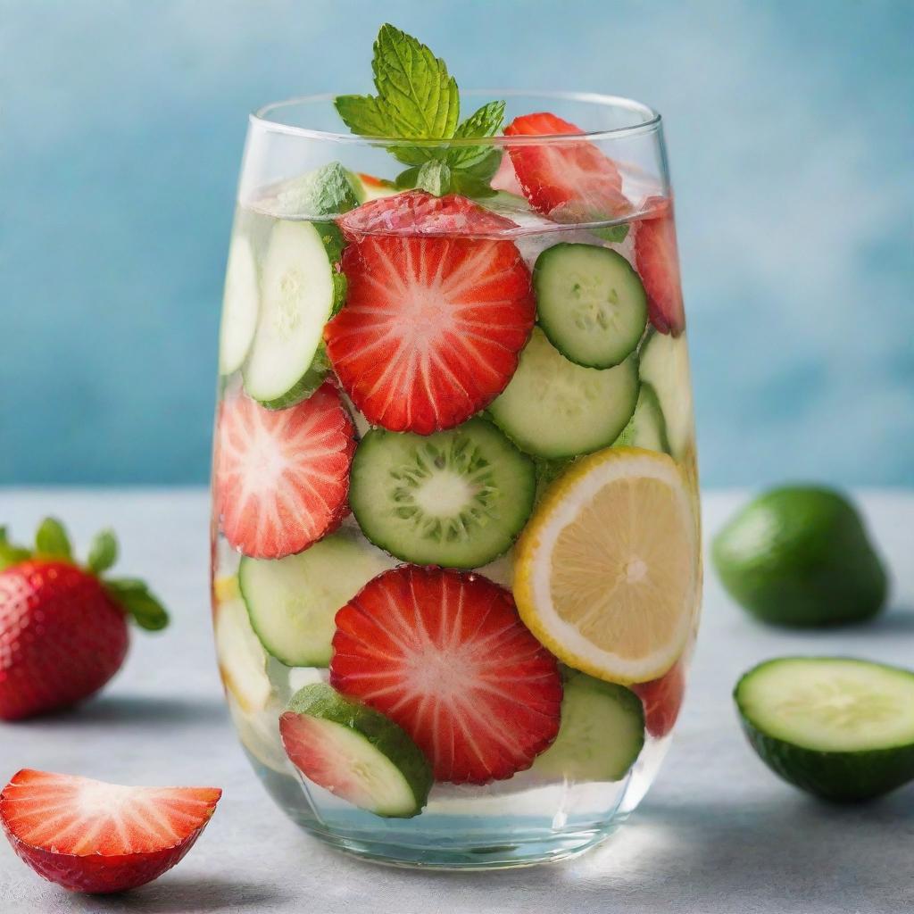 A refreshing detox water in a clear glass. Fruits like slices of lemon, strawberries, and cucumber are floating in the chilled water, with fresh mint leaves on top.