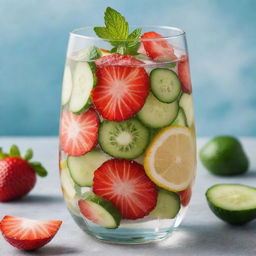 A refreshing detox water in a clear glass. Fruits like slices of lemon, strawberries, and cucumber are floating in the chilled water, with fresh mint leaves on top.