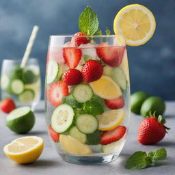 A refreshing detox water in a clear glass. Fruits like slices of lemon, strawberries, and cucumber are floating in the chilled water, with fresh mint leaves on top.