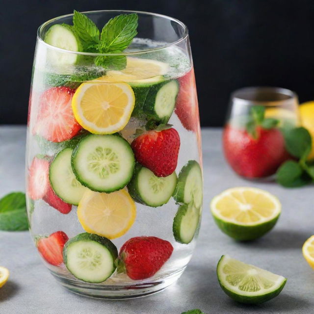 A refreshing detox water in a clear glass. Fruits like slices of lemon, strawberries, and cucumber are floating in the chilled water, with fresh mint leaves on top.