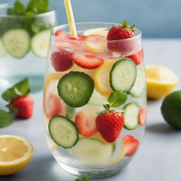 A refreshing detox water in a clear glass. Fruits like slices of lemon, strawberries, and cucumber are floating in the chilled water, with fresh mint leaves on top.