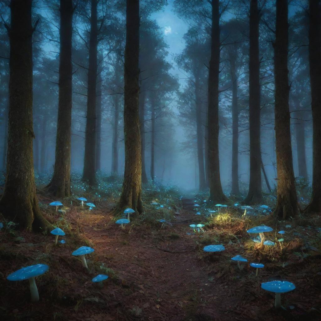 A mystical forest under a glowing moon with bioluminescent fungi illuminating the trail