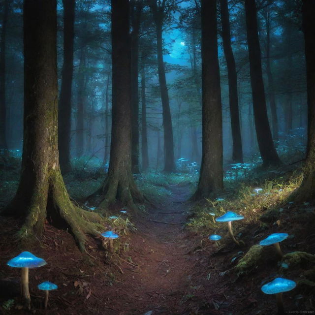 A mystical forest under a glowing moon with bioluminescent fungi illuminating the trail