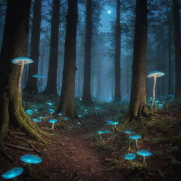 A mystical forest under a glowing moon with bioluminescent fungi illuminating the trail