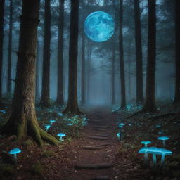 A mystical forest under a glowing moon with bioluminescent fungi illuminating the trail