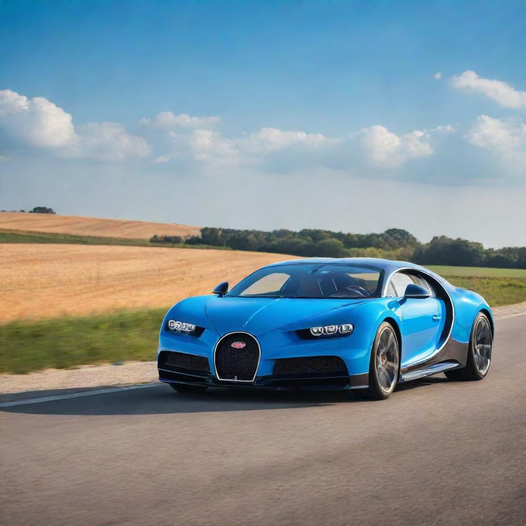 A luxurious Bugatti Chiron car with its distinguishing curves and mesmerizing design, featured in bright metallic blue under a vibrant, sunny sky.