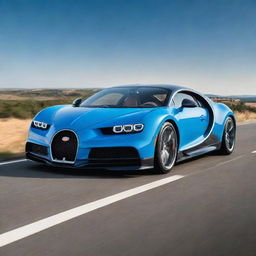 A luxurious Bugatti Chiron car with its distinguishing curves and mesmerizing design, featured in bright metallic blue under a vibrant, sunny sky.