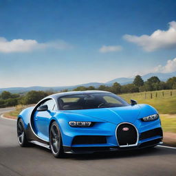 A luxurious Bugatti Chiron car with its distinguishing curves and mesmerizing design, featured in bright metallic blue under a vibrant, sunny sky.