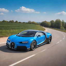 A luxurious Bugatti Chiron car with its distinguishing curves and mesmerizing design, featured in bright metallic blue under a vibrant, sunny sky.