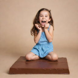 A cute, joyful girl sitting on a giant chocolate bar, laughing while she tries to bite off a piece.