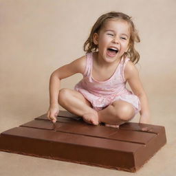 A cute, joyful girl sitting on a giant chocolate bar, laughing while she tries to bite off a piece.