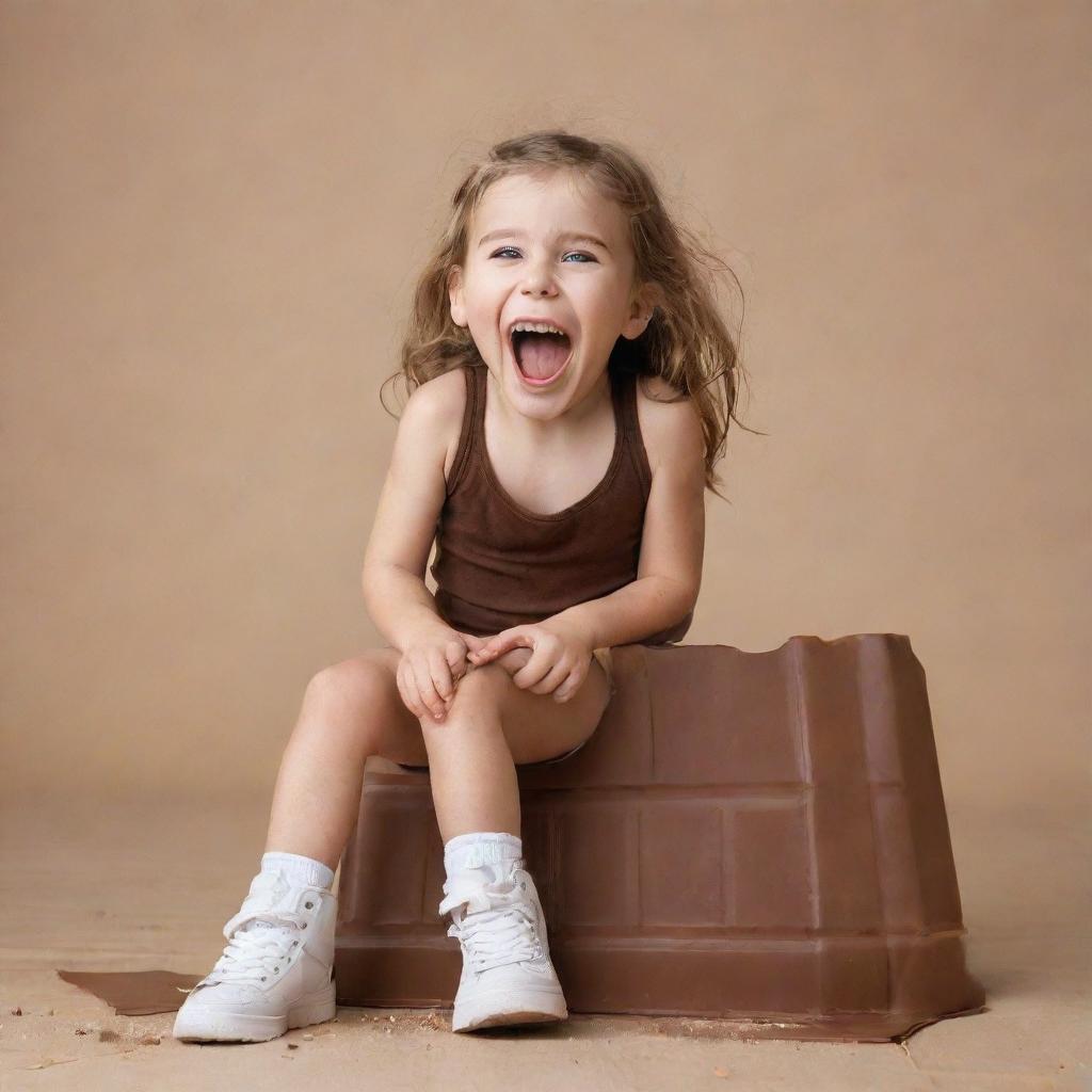 A cute, joyful girl sitting on a giant chocolate bar, laughing while she tries to bite off a piece.