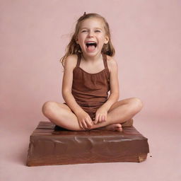 A cute, joyful girl sitting on a giant chocolate bar, laughing while she tries to bite off a piece.