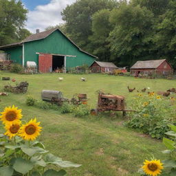 A vibrant and colorful barnyard in a lush green backyard, filled with a variety of domestic animals, antique farming equipment, and sunflower gardens.