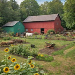 A vibrant and colorful barnyard in a lush green backyard, filled with a variety of domestic animals, antique farming equipment, and sunflower gardens.