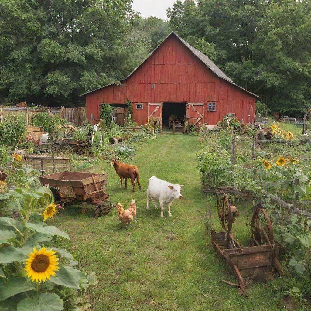 A vibrant and colorful barnyard in a lush green backyard, filled with a variety of domestic animals, antique farming equipment, and sunflower gardens.