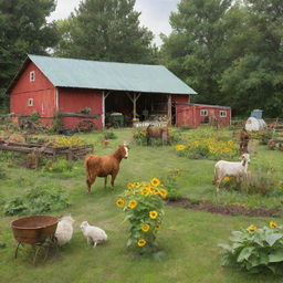 A vibrant and colorful barnyard in a lush green backyard, filled with a variety of domestic animals, antique farming equipment, and sunflower gardens.