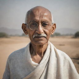 A respectful portrait of Mahatma Gandhi in traditional Indian attire on a neutral background, his glasses reflecting a peaceful landscape