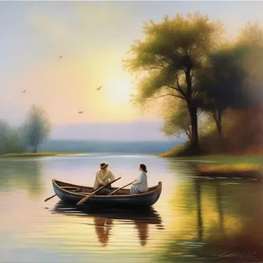 The painting depicted a serene scene by the lake, with a sacculated boat floating gently on the water, creating a romantic atmosphere for the lovers.