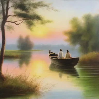 The painting depicted a serene scene by the lake, with a sacculated boat floating gently on the water, creating a romantic atmosphere for the lovers.
