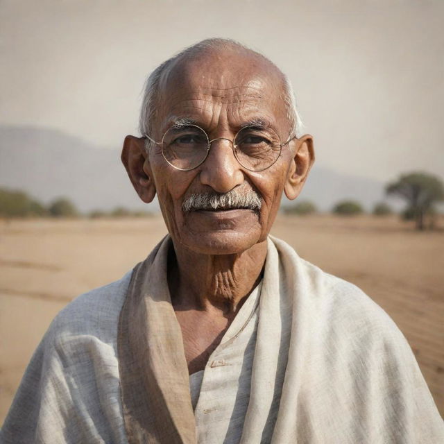 A respectful portrait of Mahatma Gandhi in traditional Indian attire on a neutral background, his glasses reflecting a peaceful landscape