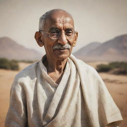 A respectful portrait of Mahatma Gandhi in traditional Indian attire on a neutral background, his glasses reflecting a peaceful landscape