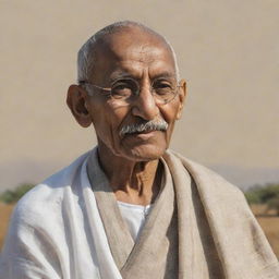 A respectful portrait of Mahatma Gandhi in traditional Indian attire on a neutral background, his glasses reflecting a peaceful landscape