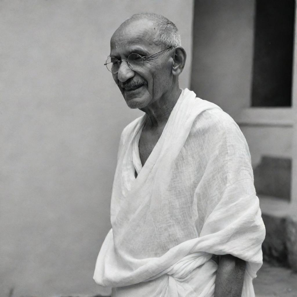 Portrait of Mahatma Gandhi in profile, wearing his trademark round glasses and simple white dhoti, a gentle, serene smile lighting his weather-beaten face.