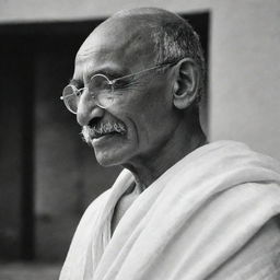 Portrait of Mahatma Gandhi in profile, wearing his trademark round glasses and simple white dhoti, a gentle, serene smile lighting his weather-beaten face.