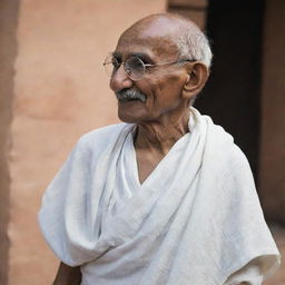 Portrait of Mahatma Gandhi in profile, wearing his trademark round glasses and simple white dhoti, a gentle, serene smile lighting his weather-beaten face.