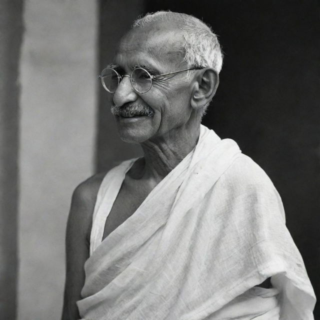 Portrait of Mahatma Gandhi in profile, wearing his trademark round glasses and simple white dhoti, a gentle, serene smile lighting his weather-beaten face.