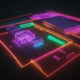 A high-tech, digital barnyard featuring advanced farming equipment and structures made up of glowing, neon lines and holographic animals.