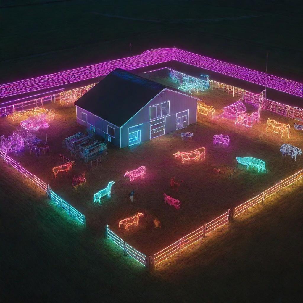 A high-tech, digital barnyard featuring advanced farming equipment and structures made up of glowing, neon lines and holographic animals.