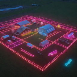 A high-tech, digital barnyard featuring advanced farming equipment and structures made up of glowing, neon lines and holographic animals.