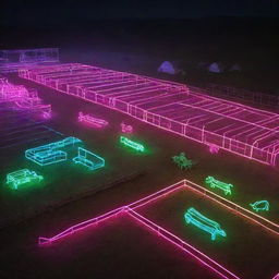 A high-tech, digital barnyard featuring advanced farming equipment and structures made up of glowing, neon lines and holographic animals.