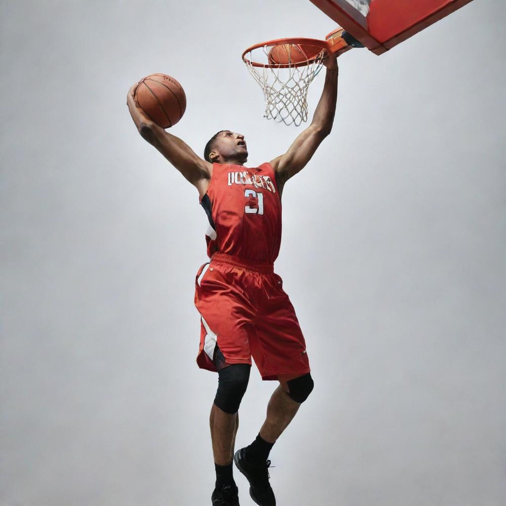 An athletic basketball player, soaring high in the air, dunking a basketball into the hoop with explosive energy and determination.